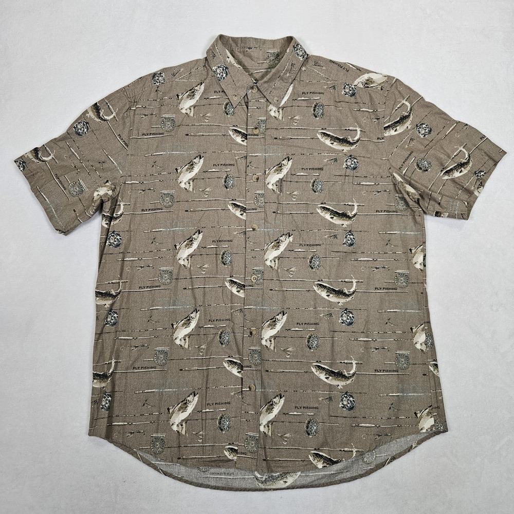 Woolrich Shirt Men's XL Cement Trout All Over Print Outdoors Casual Button Shirt